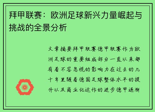 拜甲联赛：欧洲足球新兴力量崛起与挑战的全景分析