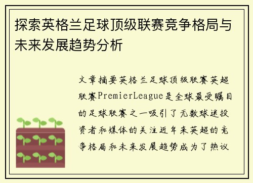 探索英格兰足球顶级联赛竞争格局与未来发展趋势分析