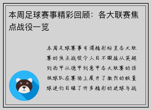 本周足球赛事精彩回顾：各大联赛焦点战役一览