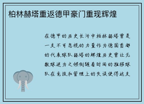柏林赫塔重返德甲豪门重现辉煌